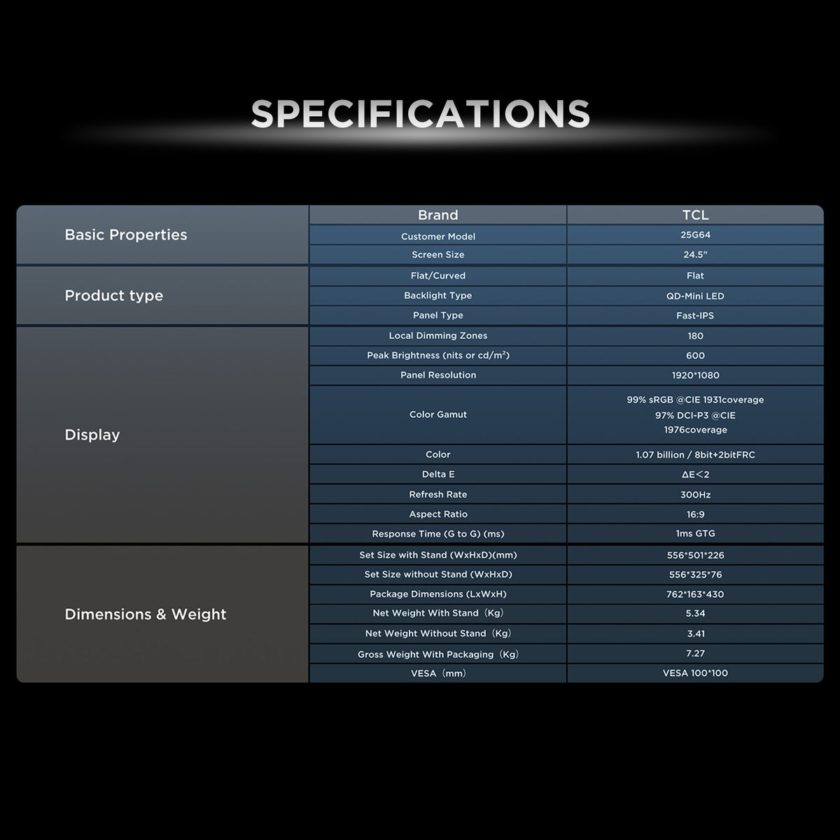 TCL G64 Series 25" Gaming Monitor QD Mini LED