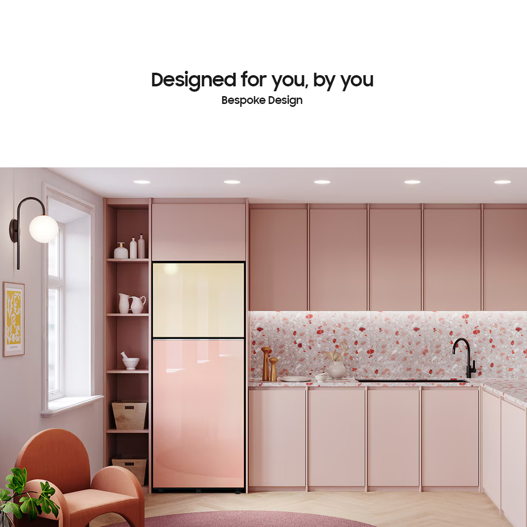 Samsung 10.8 cu.ft Bespoke AI Top Mounted Freezer Refrigerator AI Energy Clean White + Clean Pink RT31CB56448CTC