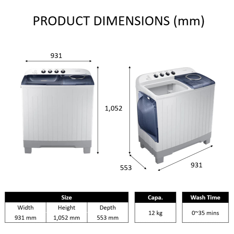 Samsung 12kg Dynamic Pulsator Rust Proof Twin Tub Semi Automatic Washing Machine Light Gray WT12J4200MB/TC
