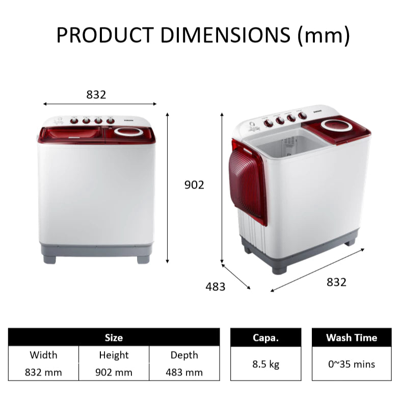 Samsung 8.5kg Twin Tub Semi-Automatic Washing Machine - EZ Wash Tray™, Rust Proof (WT85H3210MG/TC)
