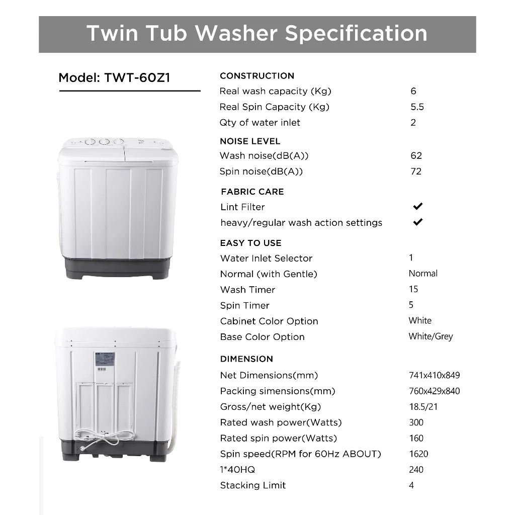 TCL Twin Tub Washing Machine - TWT-60Z1
