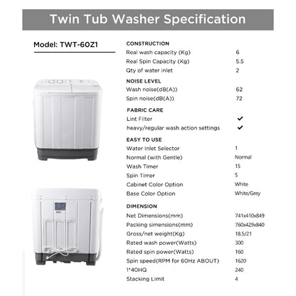 TCL Twin Tub Washing Machine - TWT-60Z1