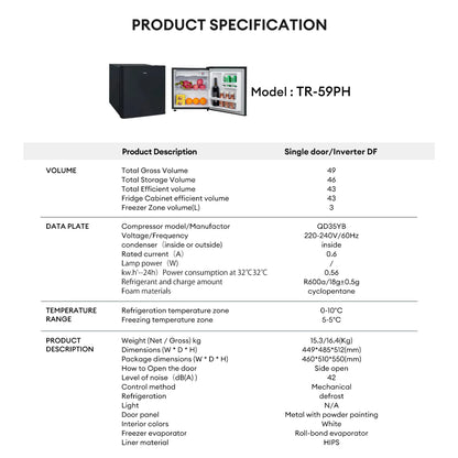 TCL 1.8 cu.ft. Single-Door Refrigerator TR-59PHB