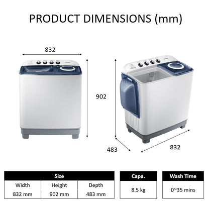 Samsung 9.5kg EZ Wash Tray™ Twin Tub Washer Light Gray WT95H3230MB/TC