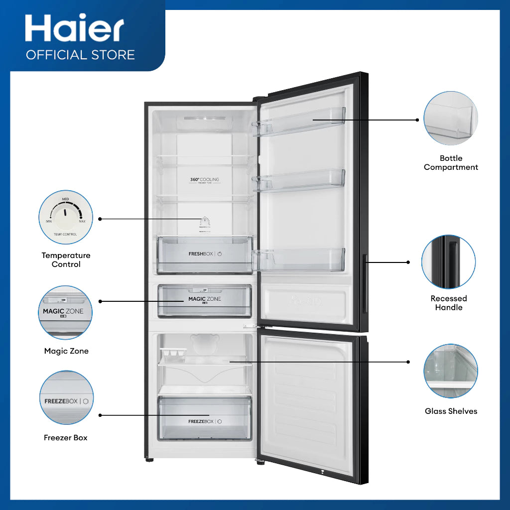 Haier HRF-IVB379VNFB 11.4 cu.ft./324L Magic Cooling No Frost Bottom Freezer Twin Inverter Two Door Refrigerator (Flash Black)